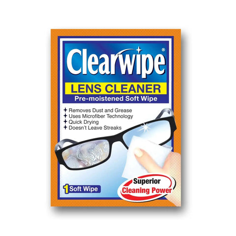 Box of Clearwipe lens cleaner pre-moistened soft wipes for glasses and screens, one wipe with text and lens illustration.