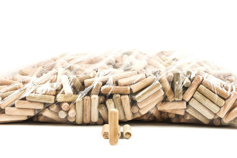 100 Pack Five Sixteenth Inch By One And One Half Inch Birch Wood Dowel Pins Straight Fluted Dowels With Beveled Ends visible in packaging