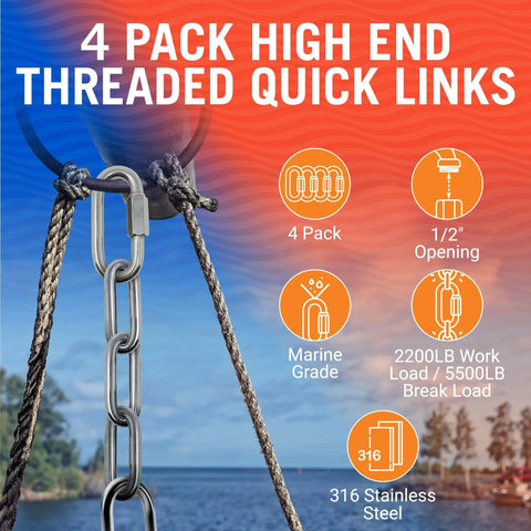 316 Stainless Steel Locking D Shape Chain Link Clips Four Pack Heavy Duty Quick Links for Rope and Marine Grade Use