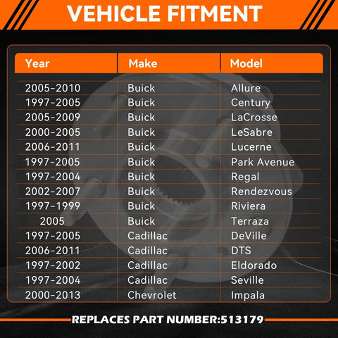 Vehicle fitment chart for Front Wheel Hub Bearing Assembly 513179 Compatible with various Buick, Cadillac, Chevy models.