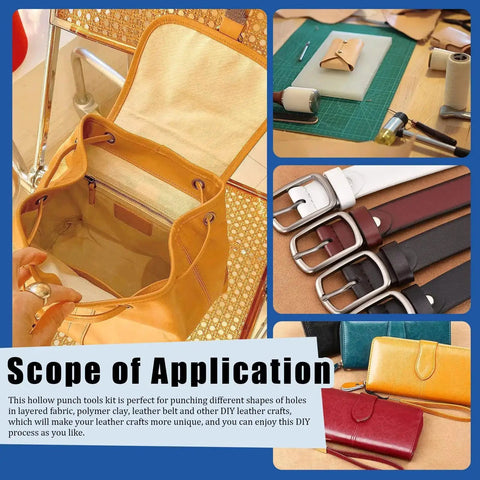 Leather crafts using 55 Piece Hollow Punch Cutter Kit With 52 Shape Options, carving knife, and more on display