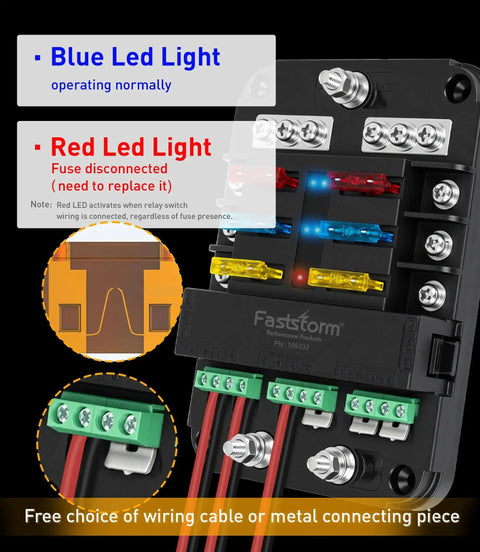 12V 6 Way Fuse Block With Relay for Marine and RV Applications showing LED indicators and wiring terminals