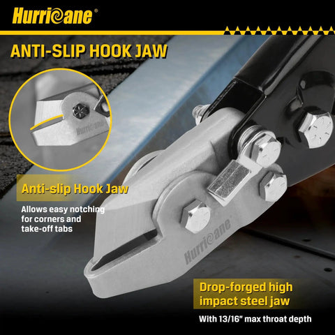 Pro Grade Sheet Metal V Notcher For HVAC Ductwork And Roofing From Hurricane with anti-slip hook jaw in focus