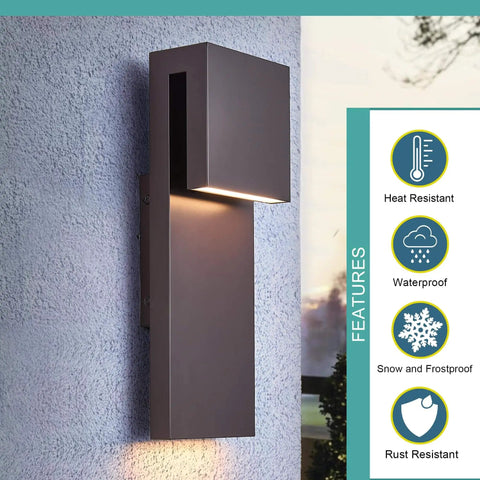 Sleek Outdoor Indoor LED Wall Sconce With Two Lights, 17W Total, Bronze Finish, Weatherproof Wall Light For Front Porch and Exterior Hallways