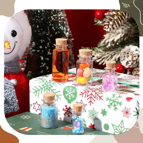 Awesome 25 Pack Mini Plastic Bottles With Cork Stoppers And Eye Screws displayed on a holiday-themed gift box.