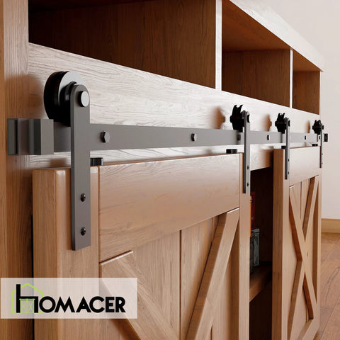 Mini Black Rustic Non Bypass Sliding Barn Door Hardware Kit For Two Doors 36 Inch Flat Track With Straight Rollers