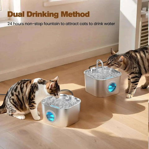 Cats drinking from Stainless Steel Cat Water Fountain For Cats And Small Pets Automatic Indoor Waterer Durable Metal Drinking Fountain