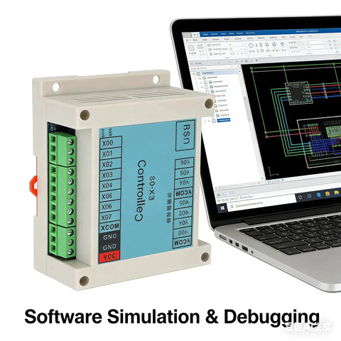 Programmable Logic Controller With Eight Input Seven Output For Industrial Automation beside laptop showing simulation software.