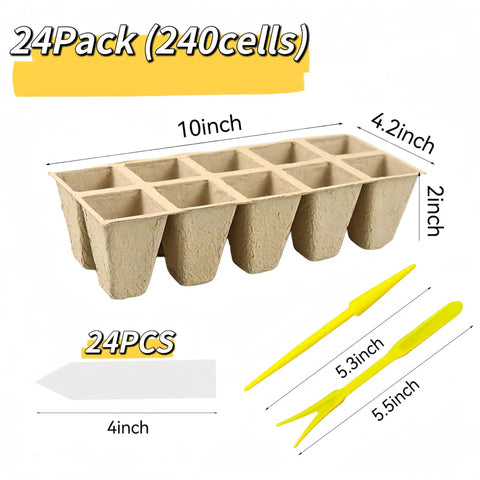240 Cell Seed Starter Tray Kit with Biodegradable Peat Pots and Germination Trays showing dimensions and tools