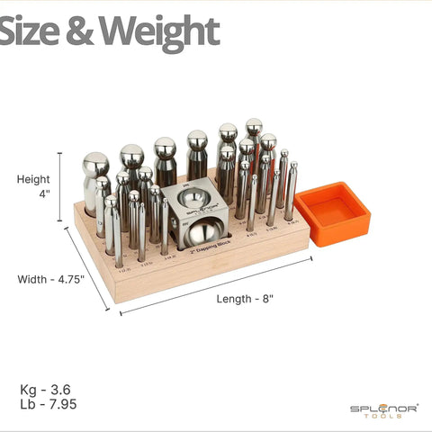 Dope 2 Inch Square Dapping Block With 24 Punch Set for Jewelry Making on a wooden stand with rubber base shown with measurements.