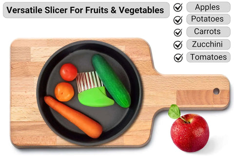 Two-Piece Stainless Steel Crinkle Cutter Set For Fries And Wavy Chips Veggies And Fruits with ergonomic handles on cutting board