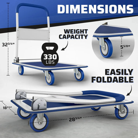 Heavy Duty Foldable Push Cart Dolly With 330 Lb Capacity Collapsible Hand Truck Folding Platform Swivel Wheels Blue