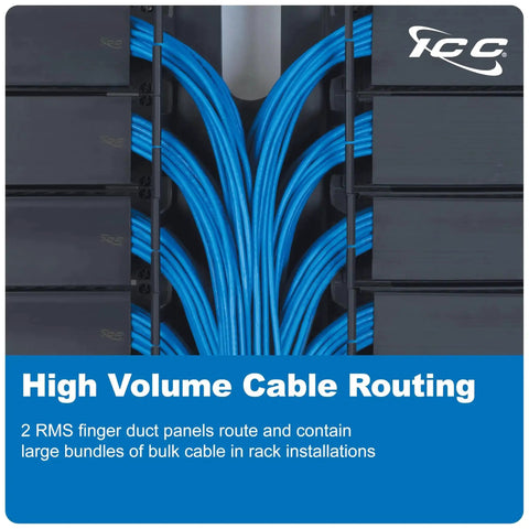 Close-up of blue cables organized with 2U Finger Duct Cable Manager Panel With Cover For 19 Inch Racks 3 Inch Depth Horizontal Cable Management