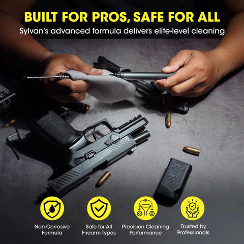 Gun cleaning kit scene: disassembled handgun with cleaning cloth and rod on gray bench; scattered bullets