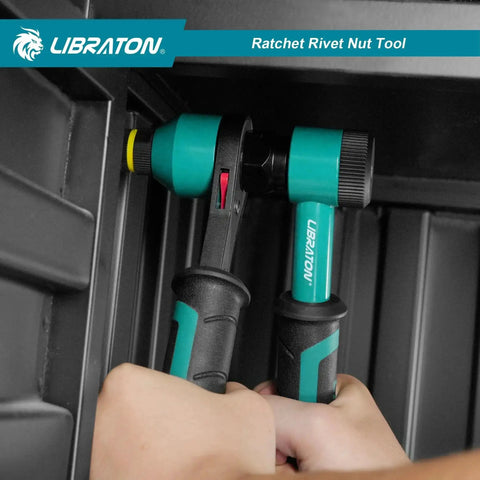 Pro Grade Rivet Nut Tool Kit With Ratchet Action For Auto Projects being used on dark metal panel