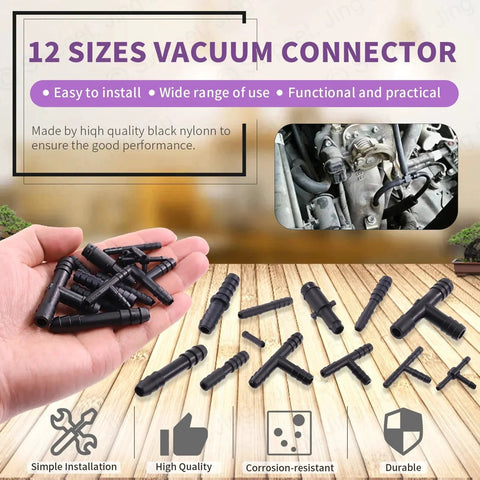 All In One 113 Piece Barbed Vacuum Connector Kit With Tee Connectors Reducers And Straight Hose Fittings For Replacing Vacuum Hoses In Cars Trucks Boats And Home Appliances Swpeet displayed on a wooden surface, showcasing connectors of various sizes and shapes.