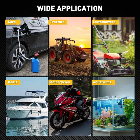 Battery Powered Fuel Transfer Pump No Spill Portable Gas Can Siphon Pump With Auto Stop Safety 3.2 GPM shown with various vehicles and aquarium