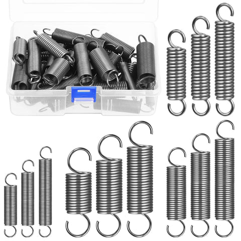 Stainless steel extension springs set, 36pcs with opening hooks in a clear plastic storage box.