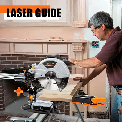 Man using Sliding Compound Miter Saw With Laser Guide And 3 Blades Built For Woodworking And DIY 10 Inch 15A Dual Speed