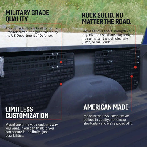 Passenger Side Rear Bedside MOLLE Panel Rack System for 2019 and Up Ram 1500 Trucks installed in truck bed.
