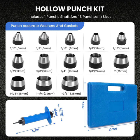 Pro Grade Hollow Punch Kit With Pin Point Shaft For Gaskets And Leather Work Rubber Hole Cutter Set With Thirteen Sizes
