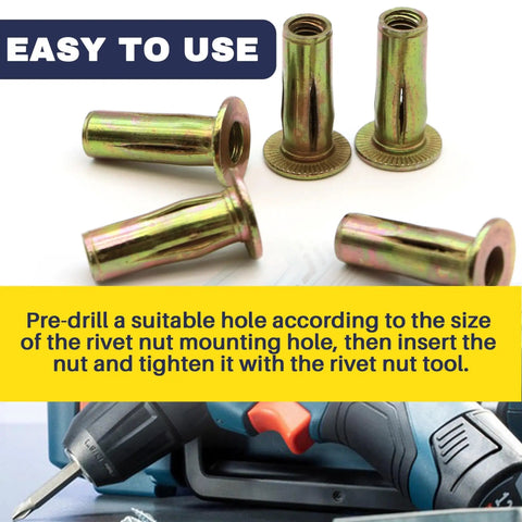 50 Pack 1/4-20 Multi-Grip Rivet Nuts Zinc Plated Steel Construction With Pre-Bulbed Shank Flat Head Threaded Insert Nut For Automobiles And Household Projects Terixe, shown with pre-drilling instructions and a power drill.