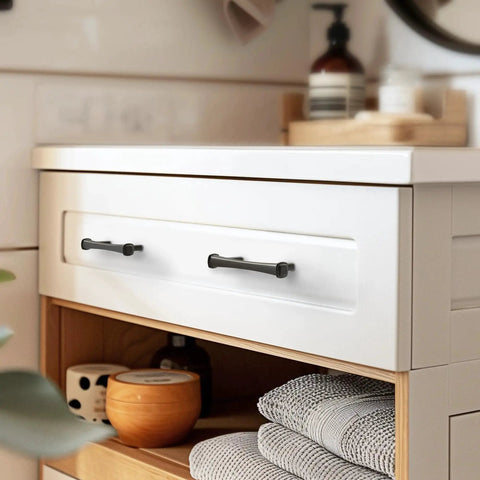 96mm Antique Silver Cabinet Pulls 3 3/4 Inch Pewter Dresser Drawer Handles installed on white cabinet, curved design and brushed finish