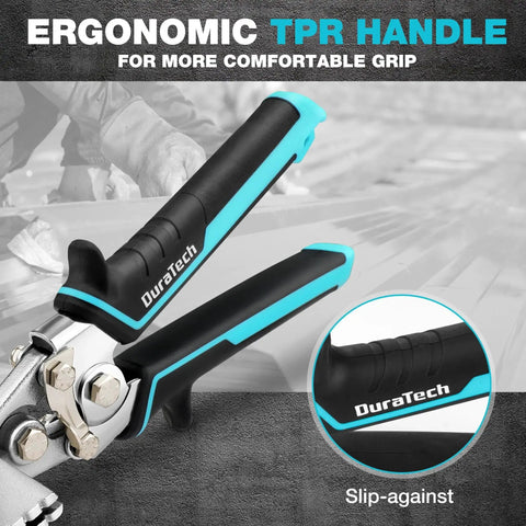 Rugged Pro Grade 3 Inch Sheet Metal Bender With Ergonomic TPR Handle, showcasing close-up of handle with DuraTech branding.