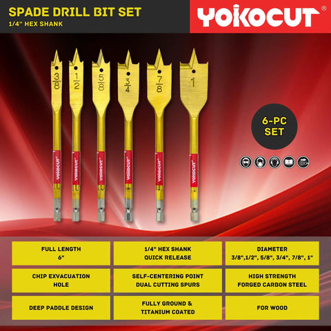 Set of six spade drill bits with 1/4" hex shank, ranging from 3/8" to 1" for woodworking, shown in packaging