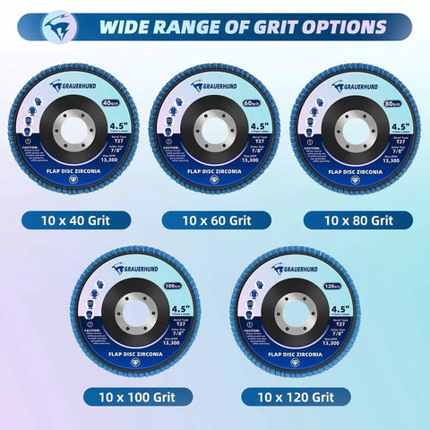 50 Pack Flap Discs For Angle Grinder Four Point Five Inch Diameter Seven Eighths Inch Arbor T27 Flap Sanding Discs 40 60 80 100 120 Grit Zirconia displayed