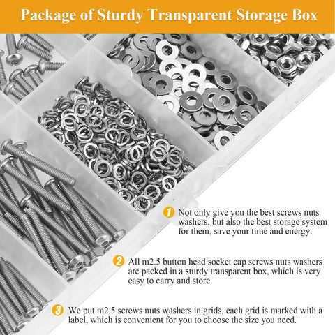 M2.5 Screw Nut Washer Set For DIY Projects, 565 Pieces By Sutemribor in sturdy transparent storage box showing screws, nuts, washers