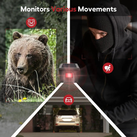 Pro 4 Smart Solar Driveway Alarm detects bear, intruder, and car movements, illustrating its motion-sensing security features.