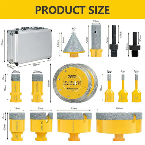 Pro Grade 15 Piece Diamond Tile Hole Saw Kit With 5 By 8 By 11 Thread Includes Saws From 6mm To 100mm 2 Inch Chamfer Bit