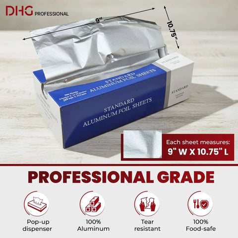Image of No Fuss Pre Cut Aluminum Foil Sheets In Pop Up Dispenser 9 Inch By 10.75 Inch 500 Count box with pop-up foil sheets visible.