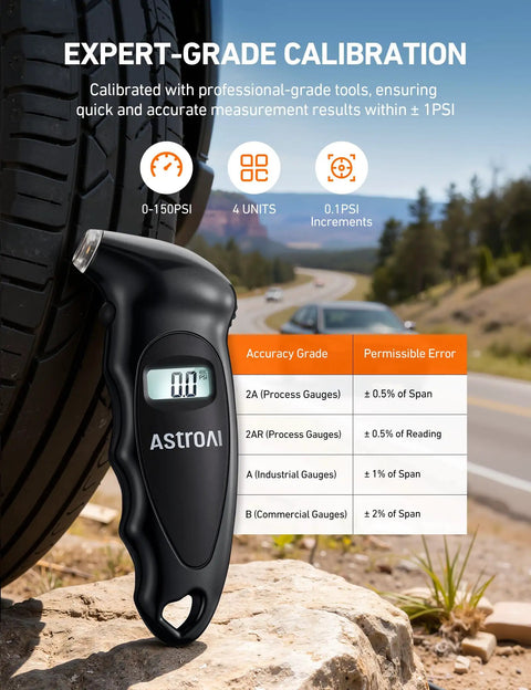 Digital Tire Pressure Gauge 0-150 PSI With Backlit LCD Accurate 0.1 PSI Increments Presta Valve Adaptor 4 Units Of Measurement AAA Battery Powered Car Truck Bicycle Black close-up view with display and tire.