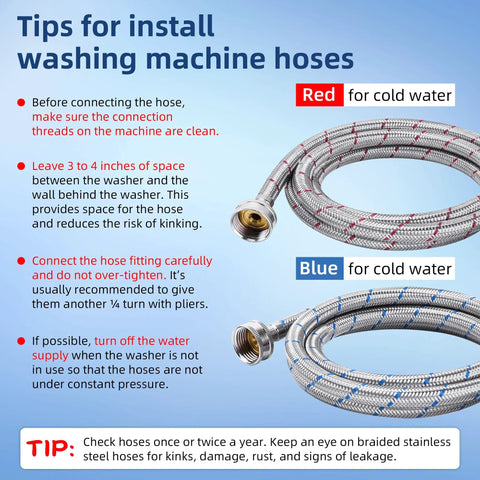 Stainless steel braided washing machine hoses, 4 ft, red and blue color coding, 3/4" NPT connectors, two-pack