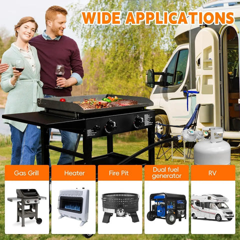 Two Stage Propane Regulator With 5 Foot Hose And Gauge for RVs, gas grill in use with couple enjoying wine by camper.