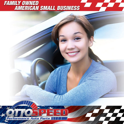 Smiling woman in car window promoting OttoSpeed family-owned American small business.
