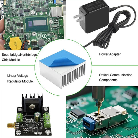 Collage with 40mm aluminum heatsink and components like PCB, power adapter, regulator module for 3D printers and VRMs cooling