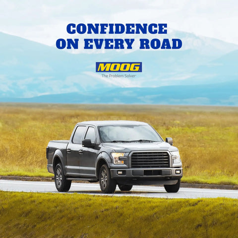 Truck driving on a scenic road with 'Confidence on Every Road' and 'MOOG' logo above.
