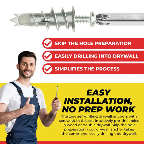 Zinc Self Drilling Drywall Anchors Kit With Screws, shown with installer, highlighting easy installation, no pre-drill needed.