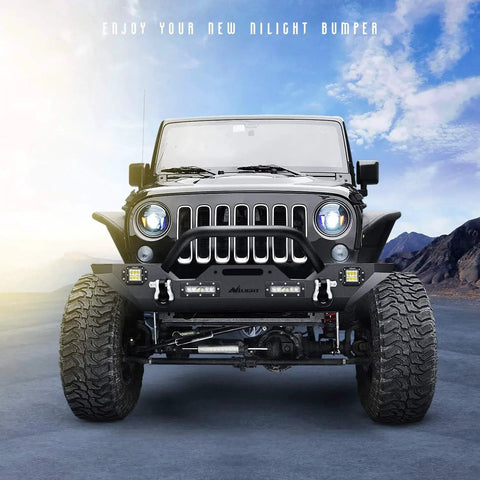 Front view of Jeep Wrangler JK with Heavy Duty Front Bumper With Winch Plate For 2007-2018 Jeep Wrangler JK And JKU installed.