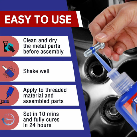 Close-up of using Blue Thread Locker M243 Medium Strength for nuts and bolts, 50 ml bottle, demonstrating application process.
