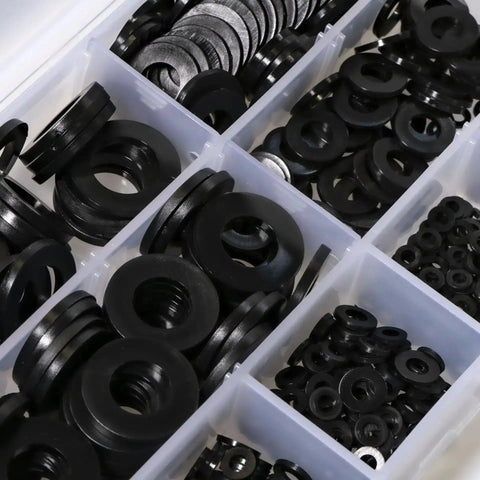 Do It All Nylon Washer Kit 720 Pieces Assortment From M2 To M12 Flat Washers For Bolts And Screws PA66 Nylon Insulation Friendly 9 Sizes Durable Hardware Set For Mechanical And Electrical Jobs in plastic compartment case.