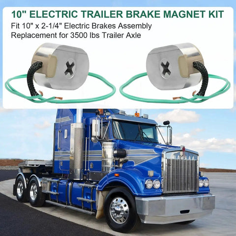 Two 10-inch electric trailer brake magnets with green wires; 3500 lb axle kit, shown with a blue semi-truck.