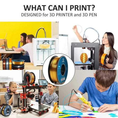 Collage of 3D printers and pens using Premium Metallic Gold Silk PLA Filament 1.75mm For 3D Printers 1kg Spool