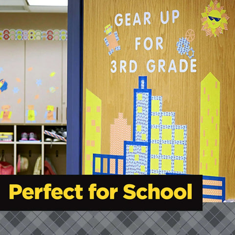 Classroom door with decoration and text 'Gear Up for 3rd Grade.' Perfect for school projects using Colored Masking Tape Pack.