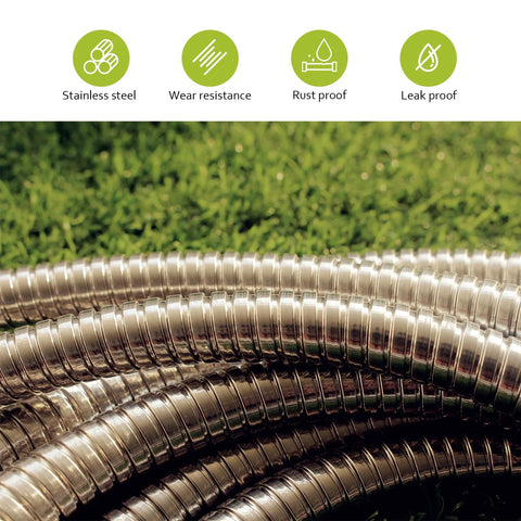 50ft stainless steel garden hose coiled on grass, flexible metal hose for outdoor use