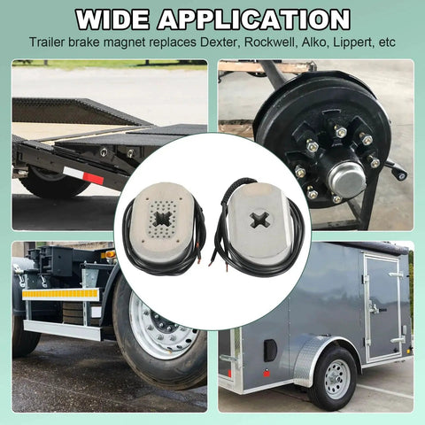 Two 12-inch electric trailer brake magnet housings with wires; fits 12x2 in brakes; includes retainer clips and springs.