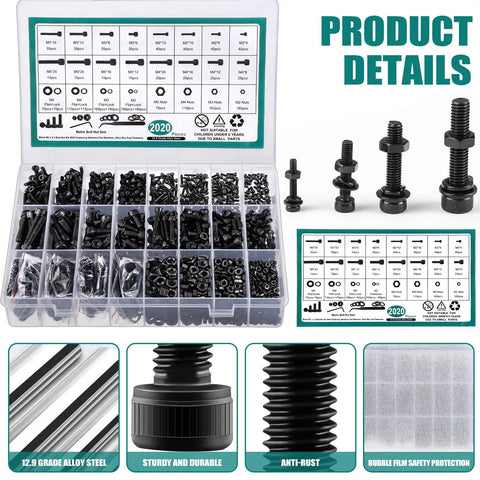 2024 Piece Metric Screw And Hardware Set With 12.9 Alloy Steel Black Zinc Plated Hex Socket Head Screws Nuts Bolts And Washers